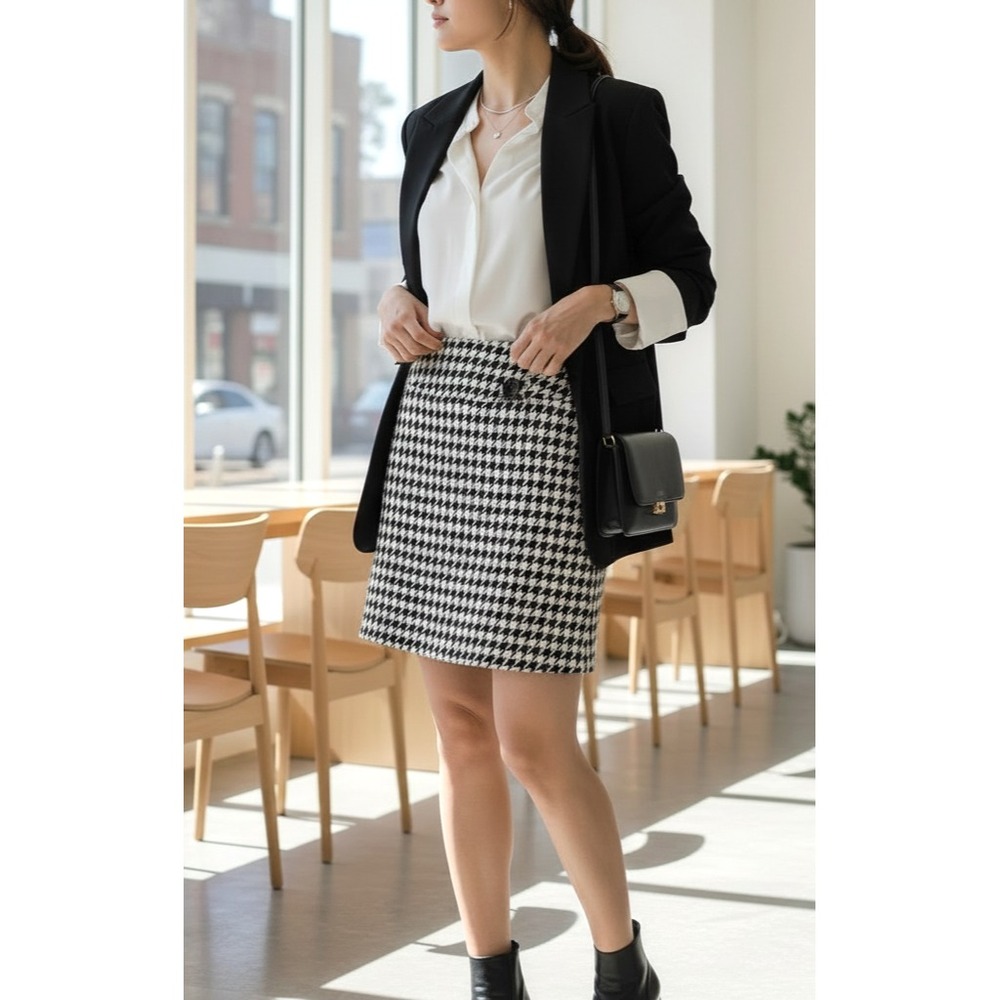 FL Malik 4 Skirt Black‎ White Houndstooth Knit Office Siren Edgy Grunge Gothic